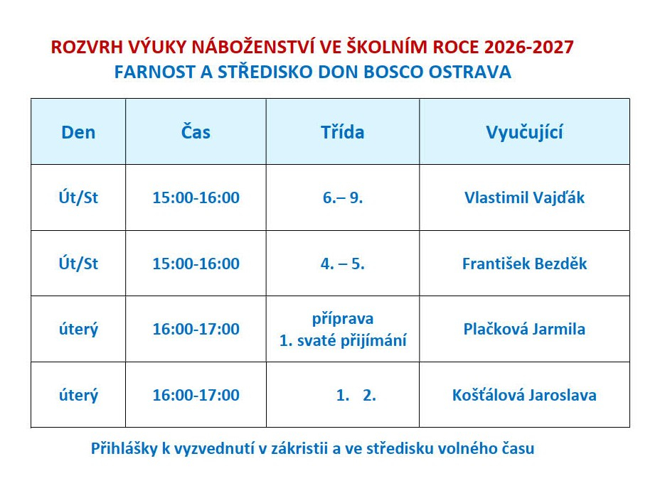 Rozvrh výuky náboženství ve školním roce 2026/2027.