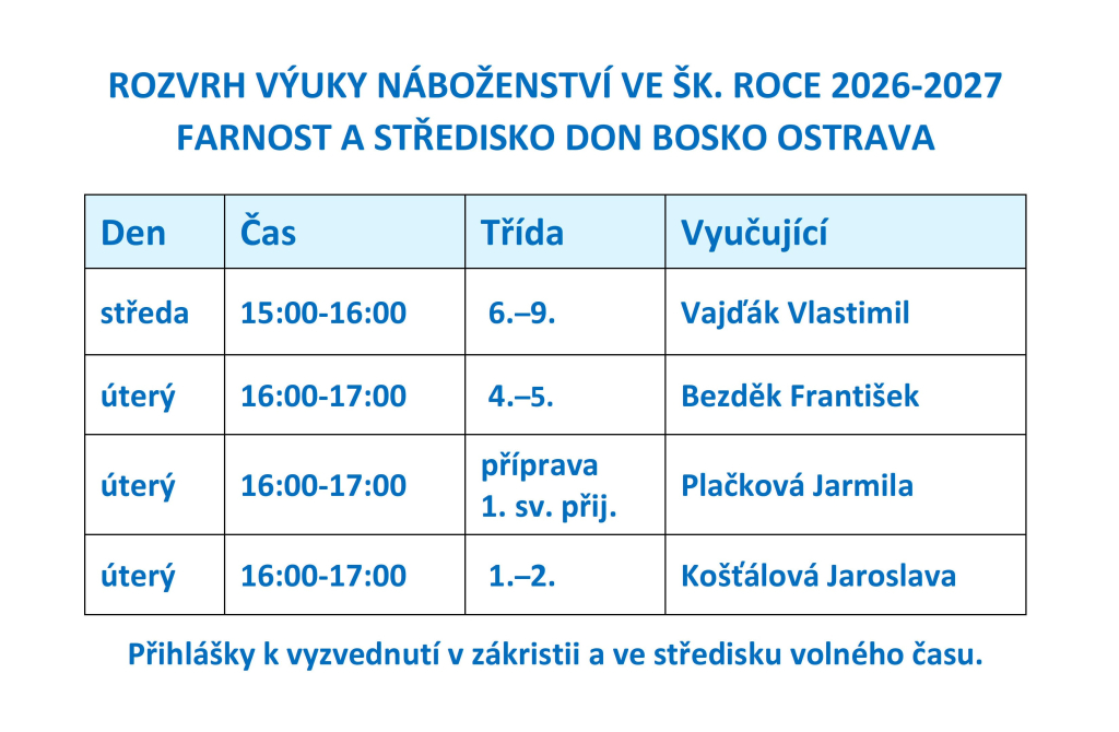 Aktualizovaný rozvrh výuky náboženství ve školním roce 2026/2027.
