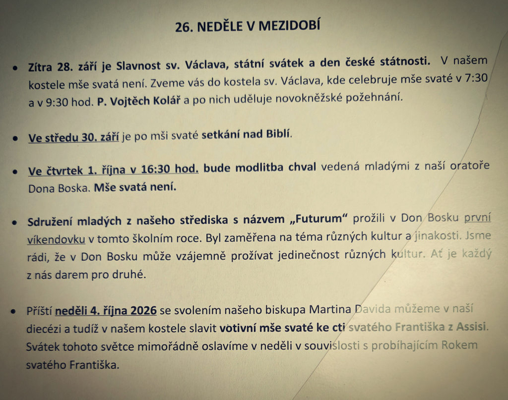 Ohlášky z 26. neděle v mezidobí mimořádně na tomto místě.