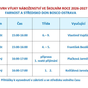 Rozvrh výuky náboženství ve školním roce 2026/2027.
