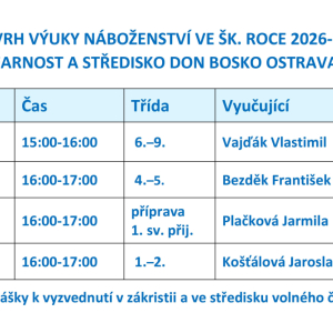 Aktualizovaný rozvrh výuky náboženství ve školním roce 2026/2027.